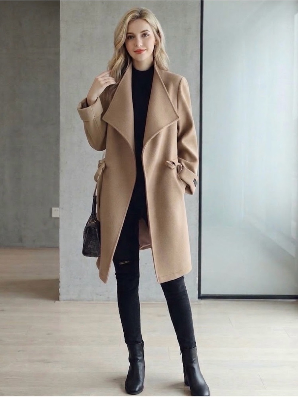 🔴 Women’s Beige/Taupe Belted Wool-Blend Coat